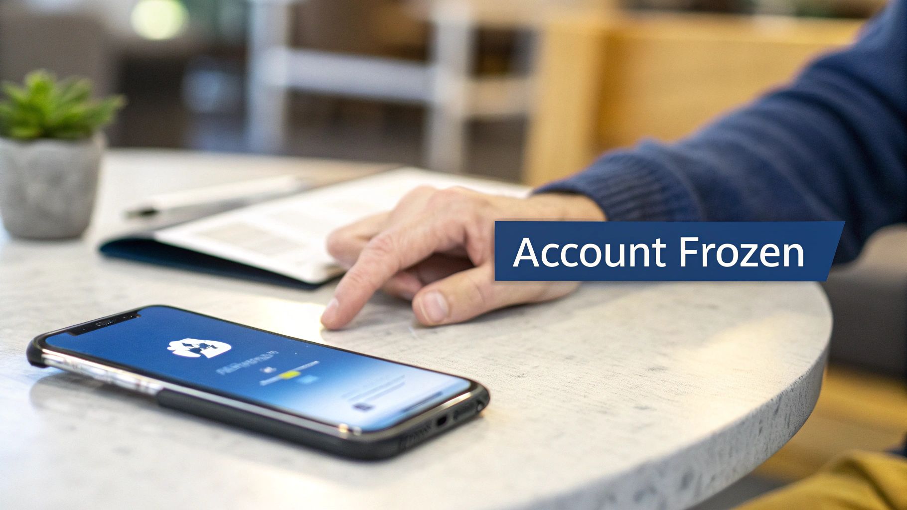 A person's hand points at a smartphone displaying a frozen bank account notification.