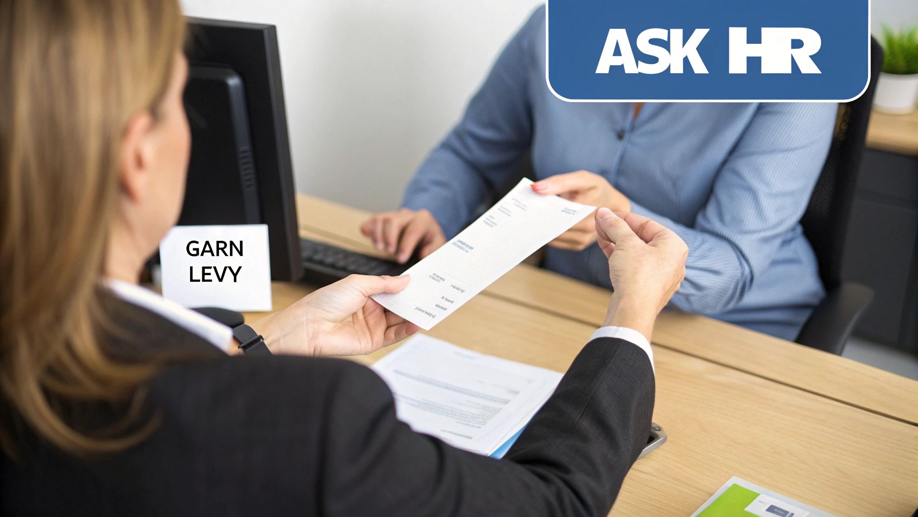 Two people at a desk, one handing a document to another, with 'GARN LEVY' and 'ASK HR' signs visible.