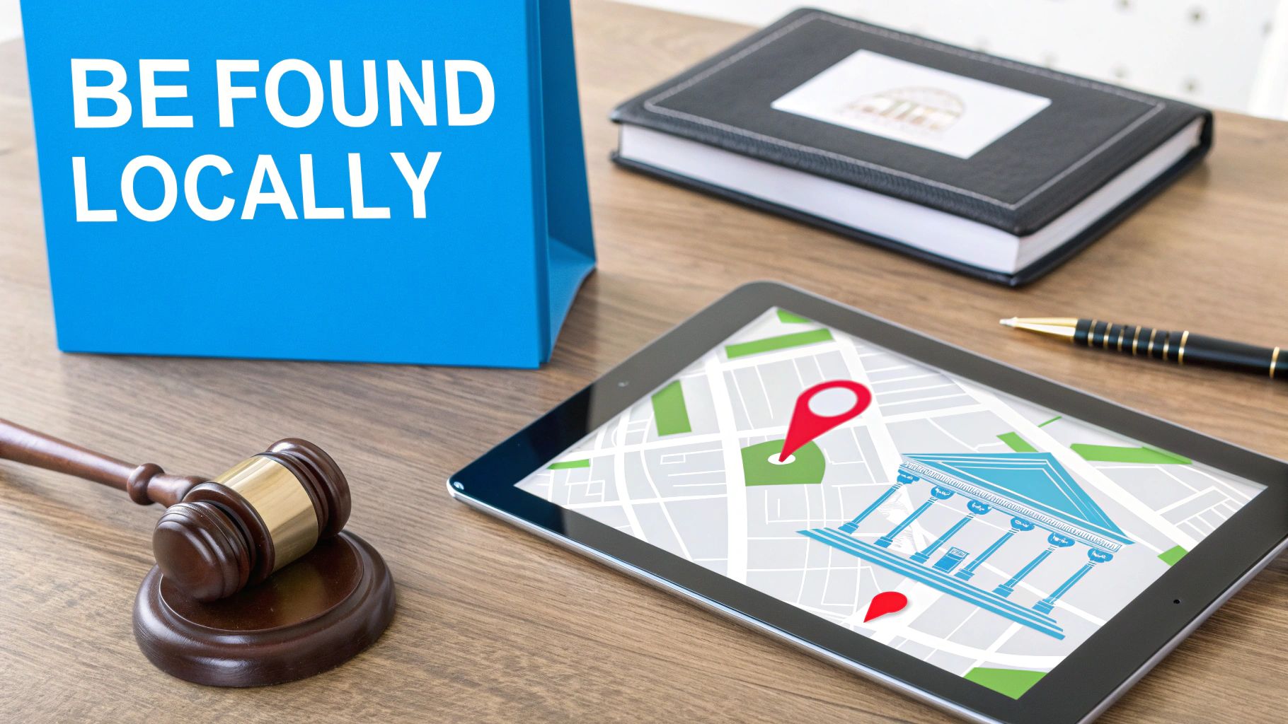 Local marketing for legal services, with a gavel, tablet showing courthouse map, and 'BE FOUND LOCALLY' sign.