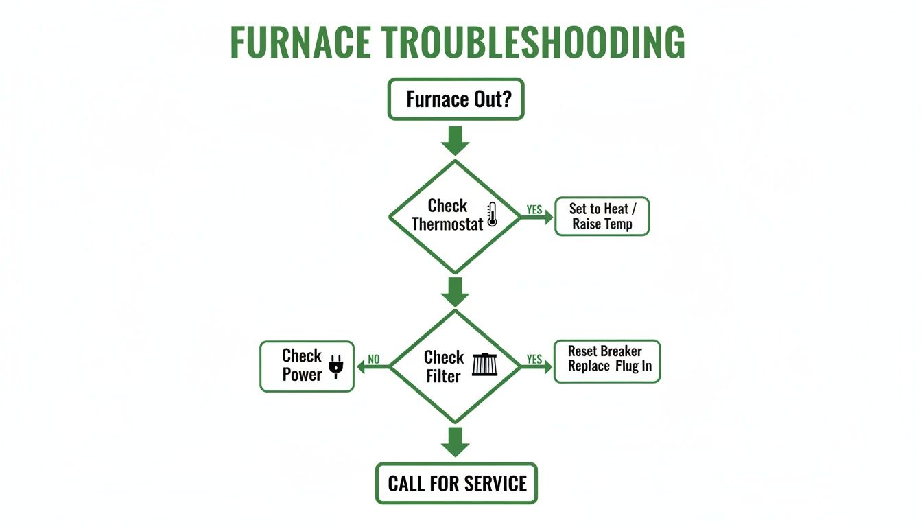 Flowchart for furnace troubleshooting, guiding users through steps like checking thermostat, filter, and power.