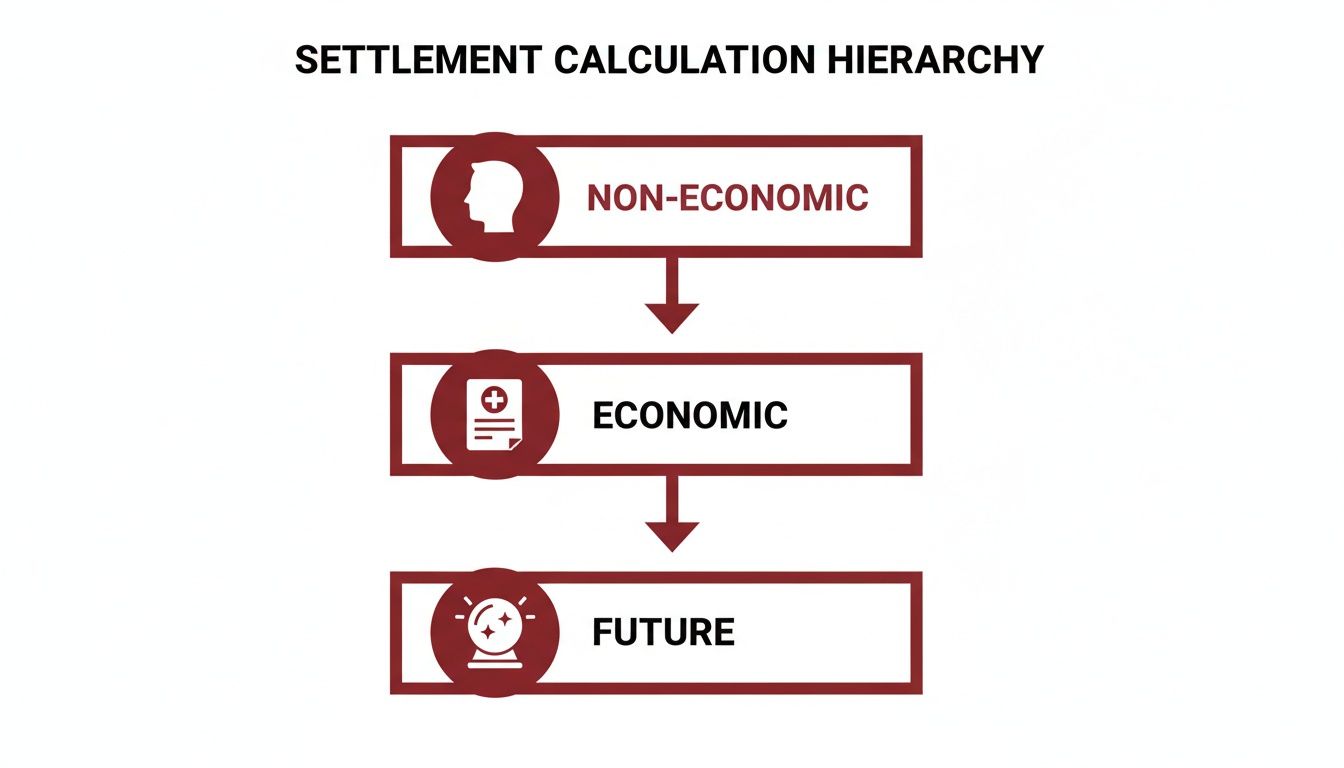 A hierarchy flowchart showing settlement calculation categories: Non-Economic, Economic, and Future.