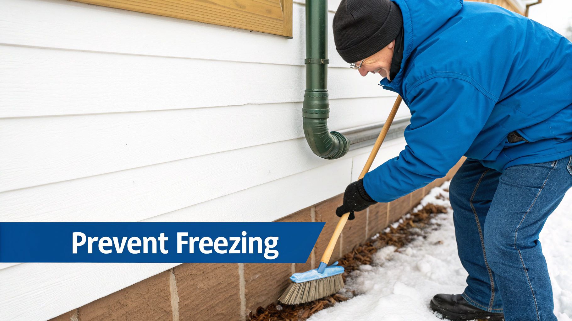A man in a blue coat sweeps snow from a house foundation to prevent freezing.