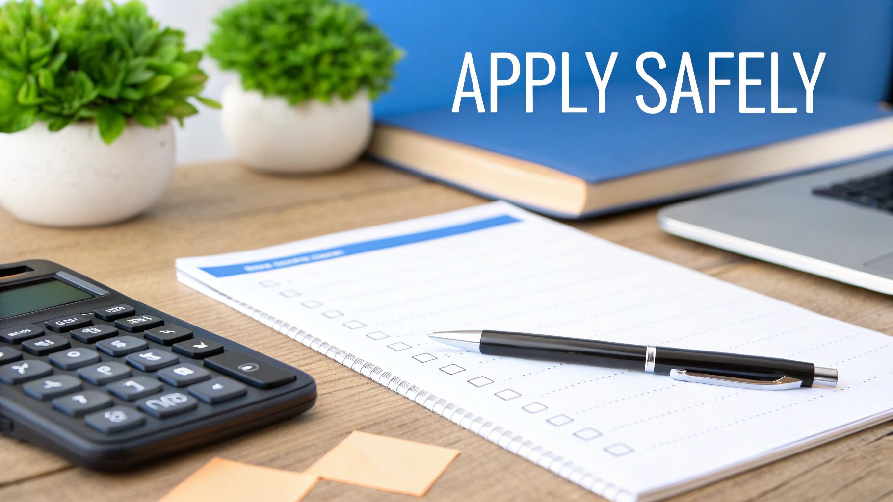 A desk with a calculator, a checklist notebook, pen, potted plants, and a laptop, with text 'APPLY SAFELY'.