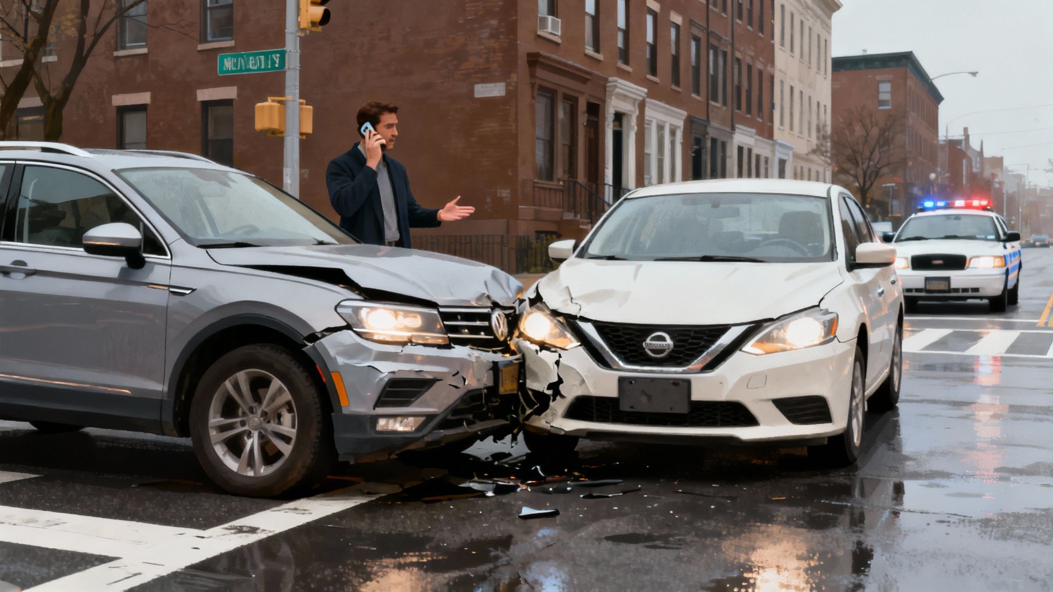 Two cars crashed head-on at an intersection with a man on the phone and a police car approaching.