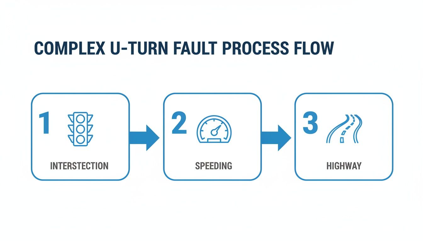 A process flow diagram illustrates complex U-turn fault steps: intersection with traffic light, speeding, and highway.