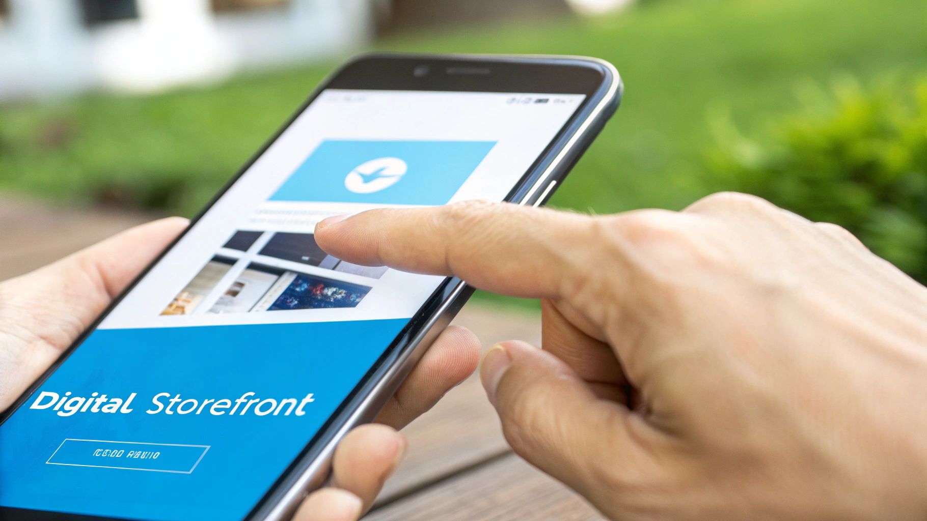 A person's hand interacting with a smartphone displaying a 'Digital Storefront' app with a blue interface.