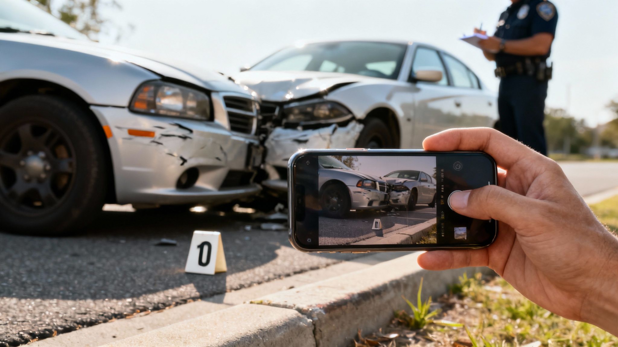 A hand photographs a car accident with two damaged vehicles, while a police officer investigates the scene.