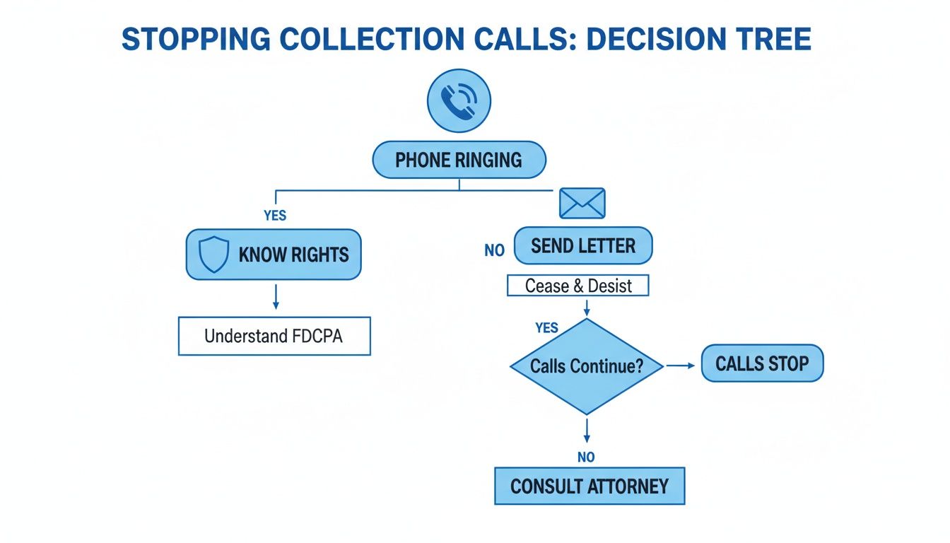 A decision tree flowchart outlining the steps and options to effectively stop collection calls.