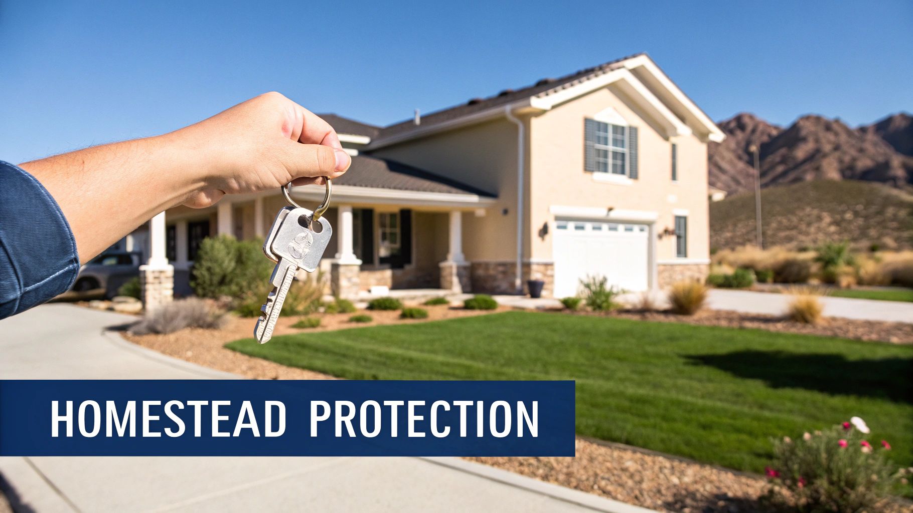 A hand holds house keys in front of a new home with a green lawn and mountains, with 'HOMESTEAD PROTECTION' banner.