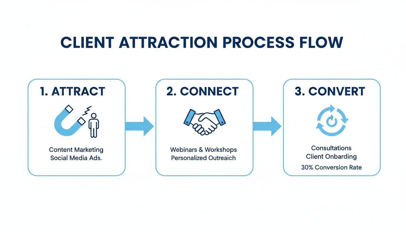 A client attraction process flow diagram with three steps: attract, connect, and convert.