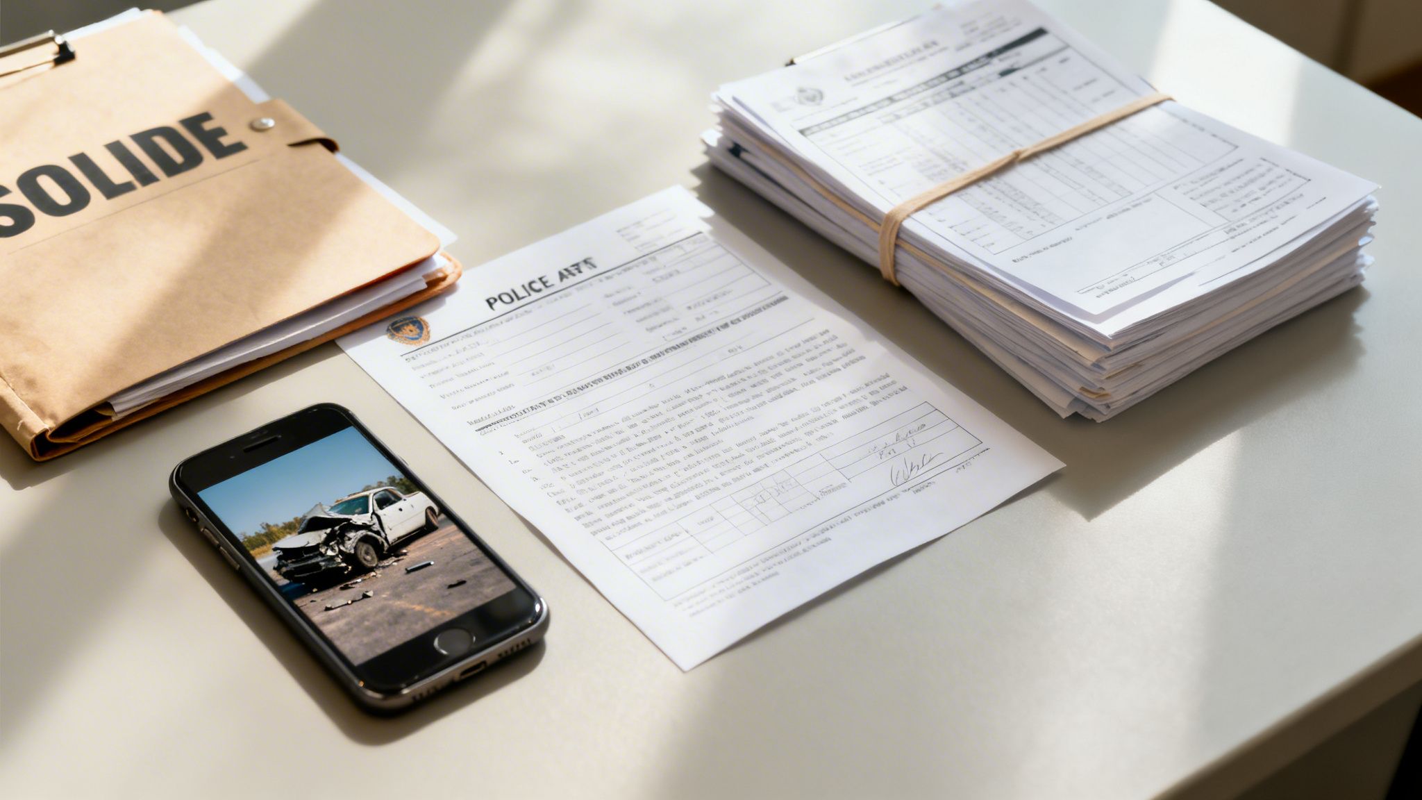 A desk with a folder labeled 'SOLIDE', police report, stack of papers, and a smartphone showing a crashed car.