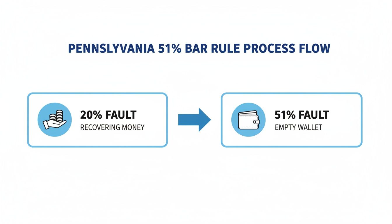 A flowchart illustrates Pennsylvania's 51% Bar Rule: 20% fault allows money recovery, 51% fault means an empty wallet.