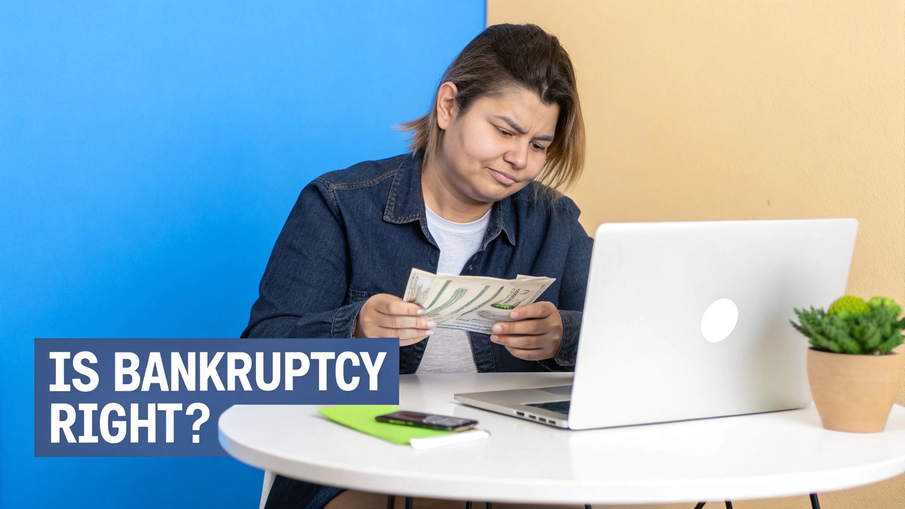 A person looks concerned while counting money in front of a laptop, pondering bankruptcy.
