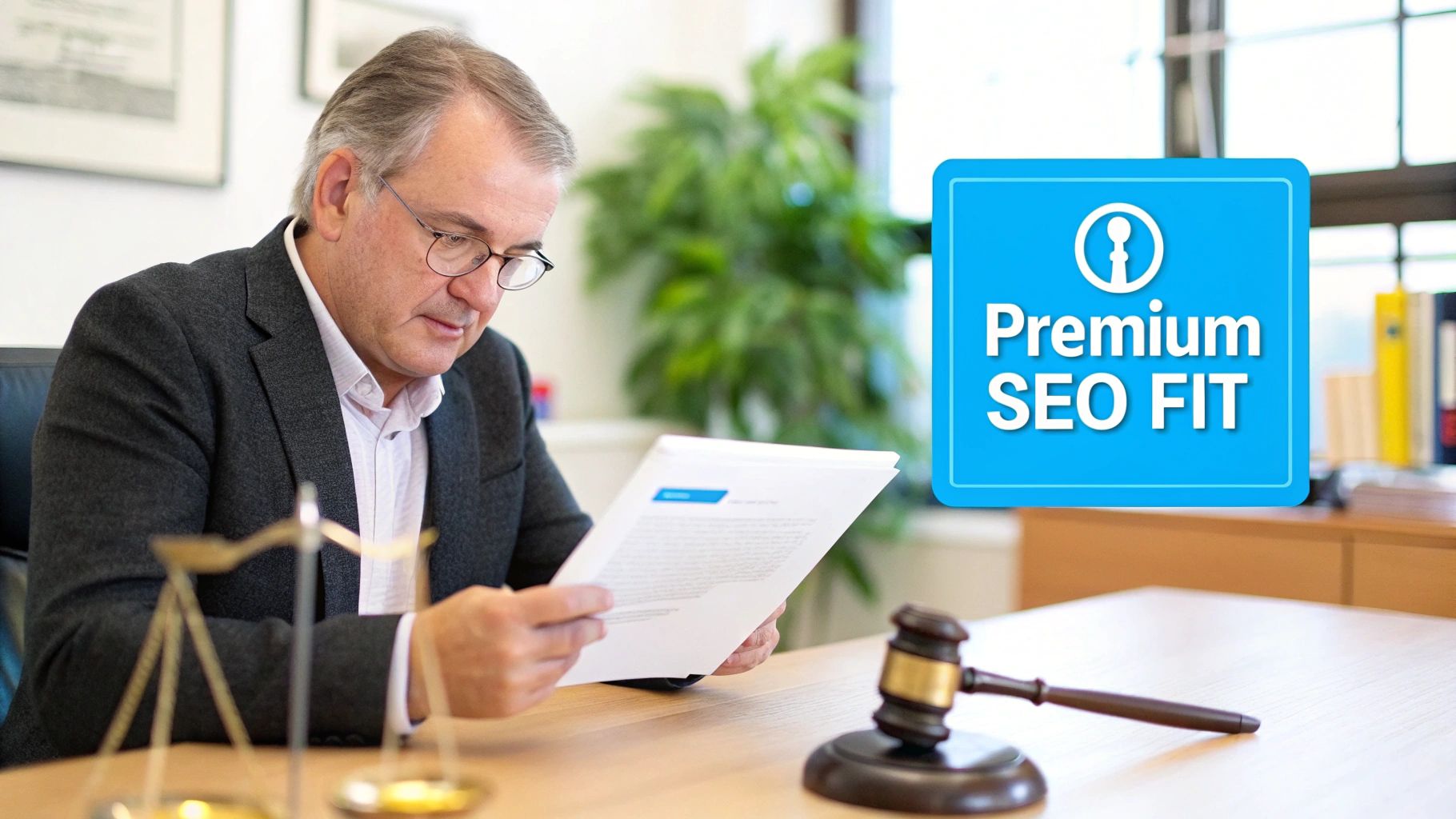 A man in glasses reviews legal documents at a desk with a gavel and scales of justice.