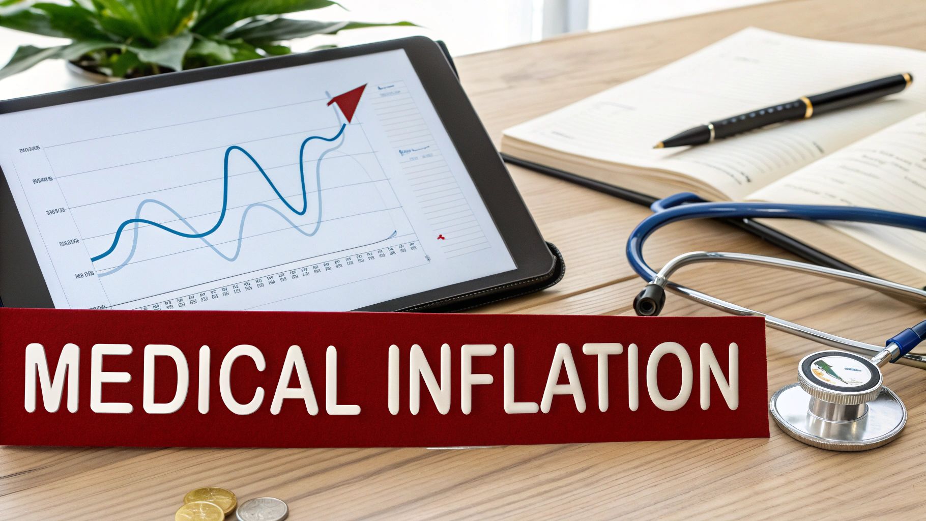 Medical inflation sign on a desk with a tablet showing a rising graph, a stethoscope, and coins.