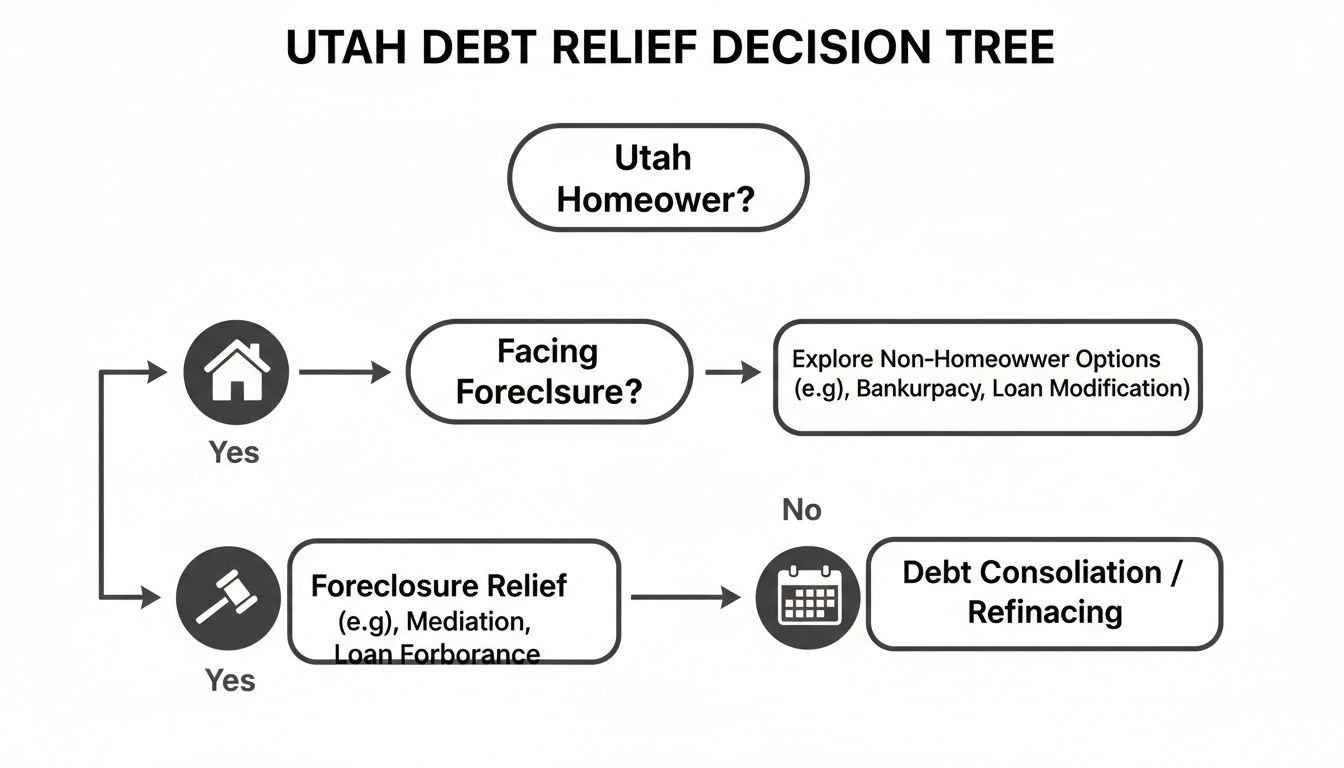 A Utah debt relief decision tree diagram, showing options for homeowners facing foreclosure and other debt solutions.