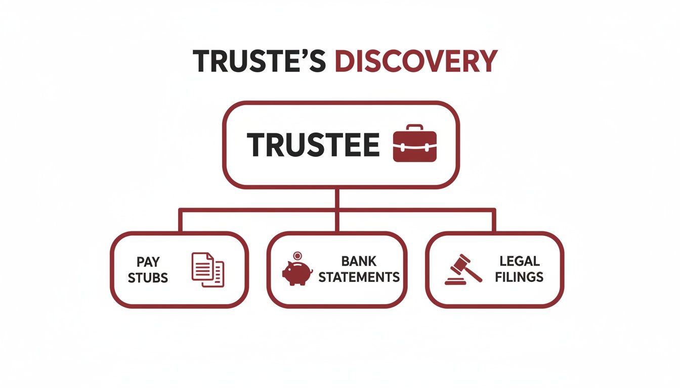Flowchart illustrating a trustee's discovery process, detailing pay stubs, bank statements, and legal filings.