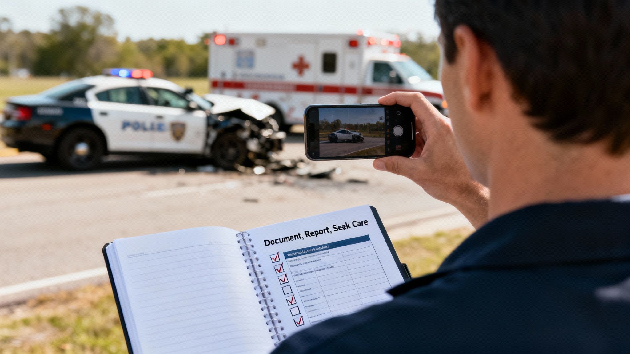 A person photographs a car accident scene, documenting details in a notebook next to a crashed police car and ambulance.