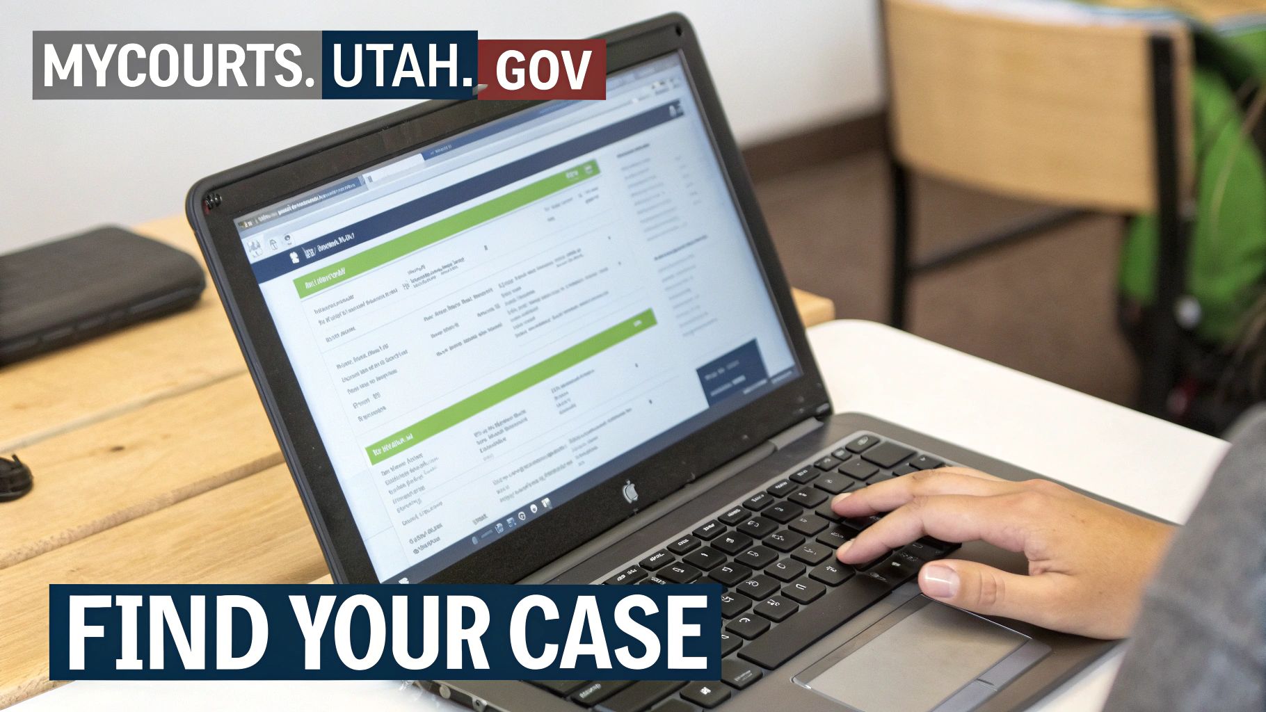Person using a laptop to navigate the MyCourts Utah website and find their case details.