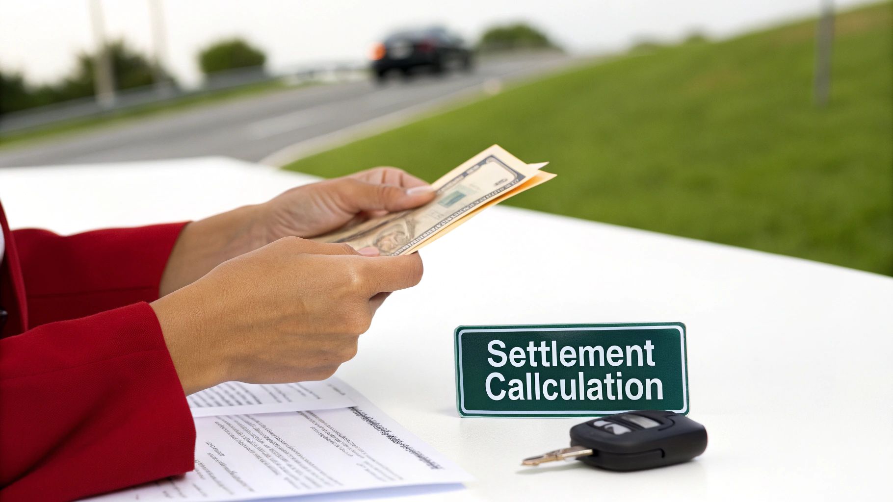 Hands holding cash, with a 'Settlement Calculation' sign and car key, implying financial discussion.