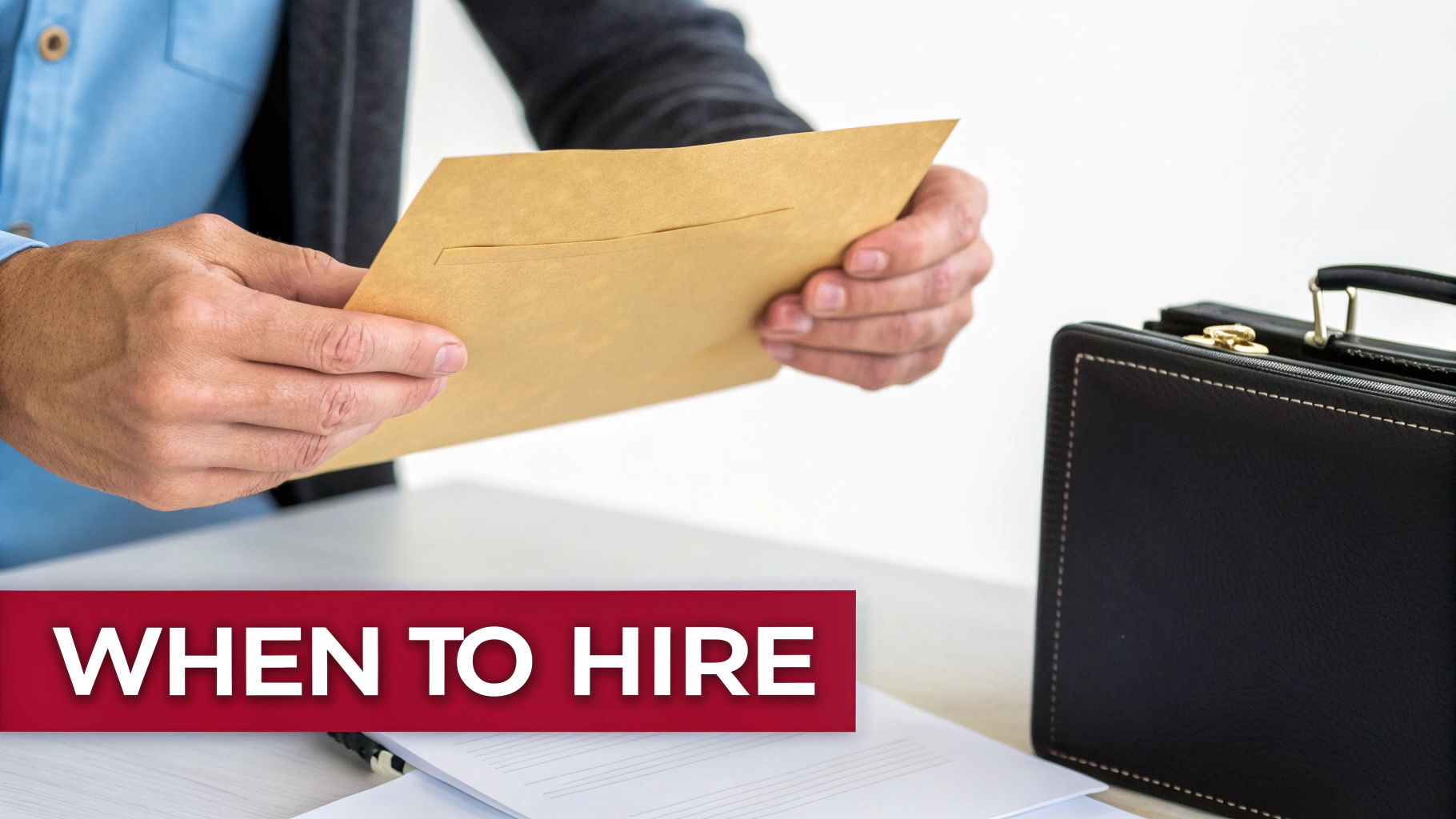 A person in a blue shirt holds a brown envelope, with a briefcase on a desk, suggesting a hiring decision.