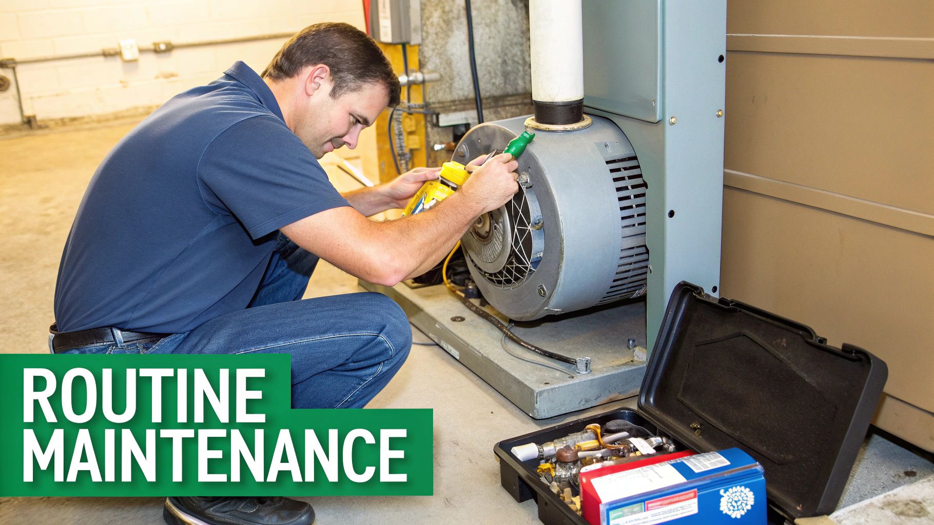 A maintenance technician applying lubricant to a furnace unit with a tool and open toolkit nearby.
