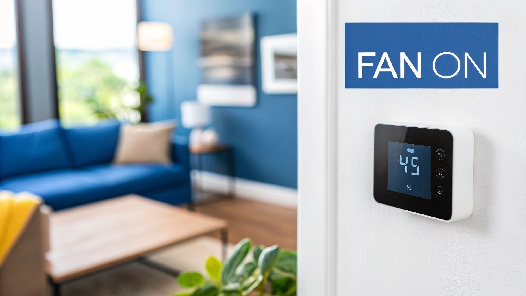 A smart thermostat showing '45' and 'FAN ON' banner on a wall, with a modern living room in the background.