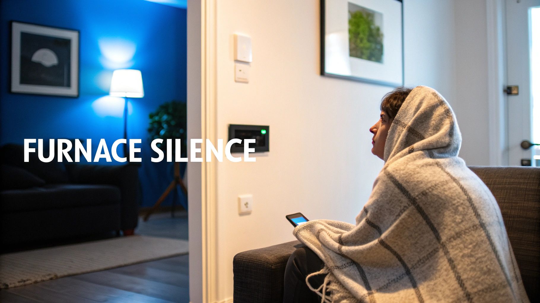 A person bundled in a blanket sits worried in a cold home, holding a phone, with 'FURNACE SILENCE' text displayed.