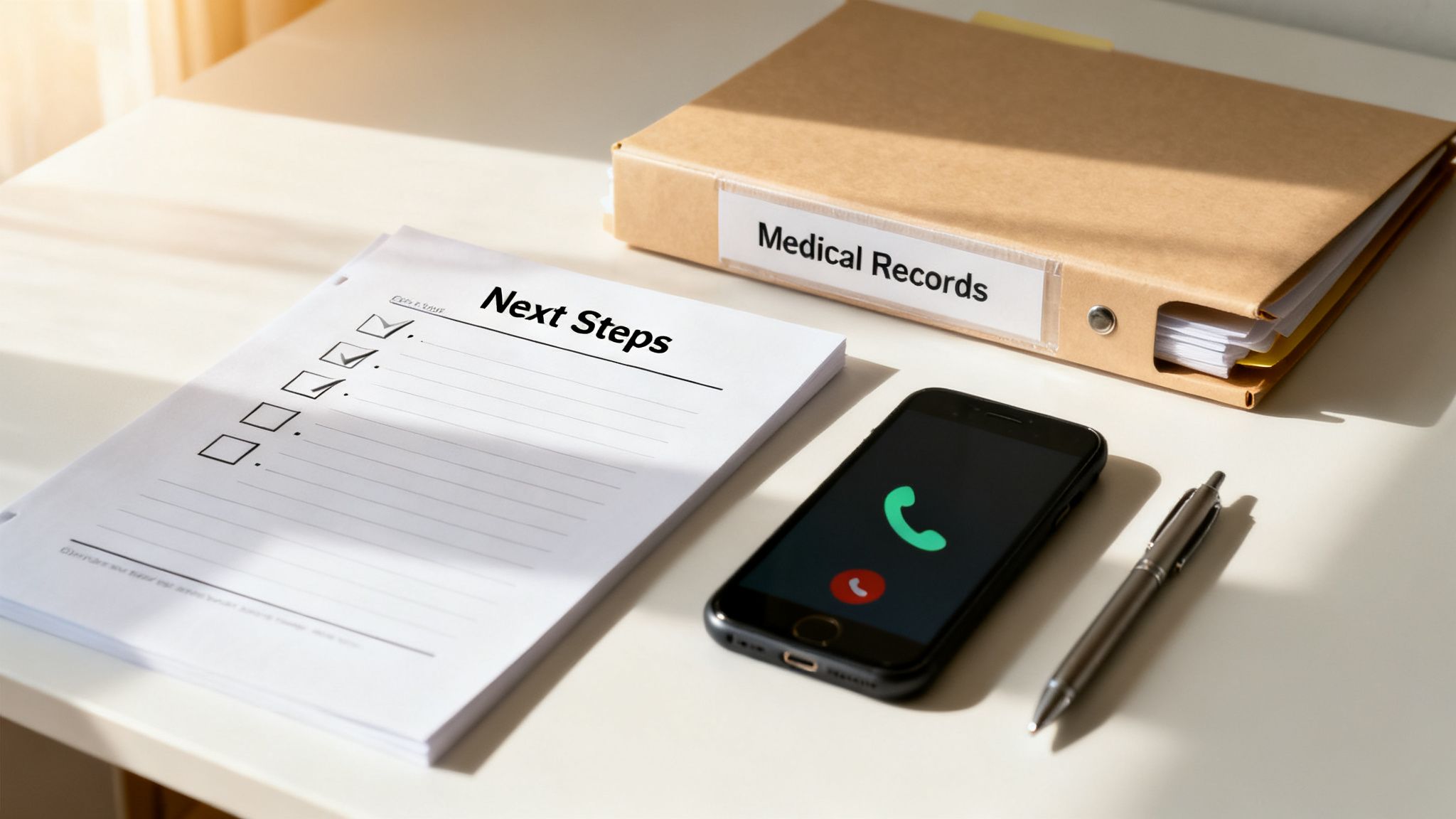 A desk with a 'Medical Records' binder, a 'Next Steps' checklist, a smartphone with a call, and a pen.