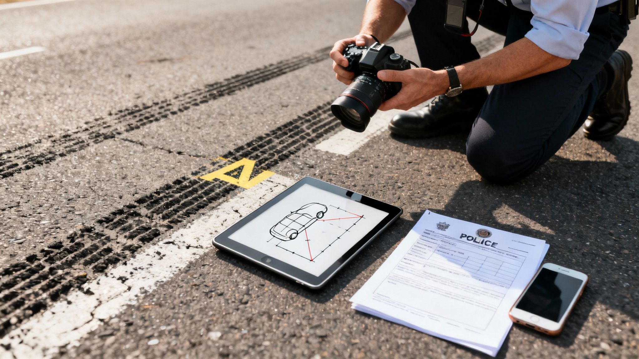 Police officer photographs tire marks on asphalt at an accident scene with a tablet and forms nearby.