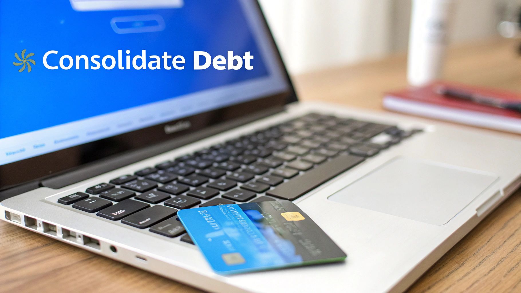 A laptop screen displays 'Consolidate Debt' with two credit cards on the keyboard, illustrating financial management.