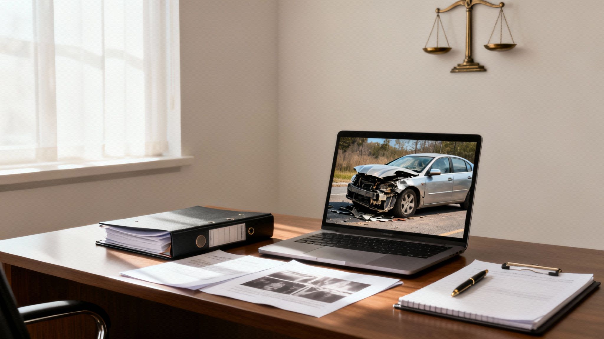 Lawyer's desk with laptop showing a car accident, documents, and scales of justice.