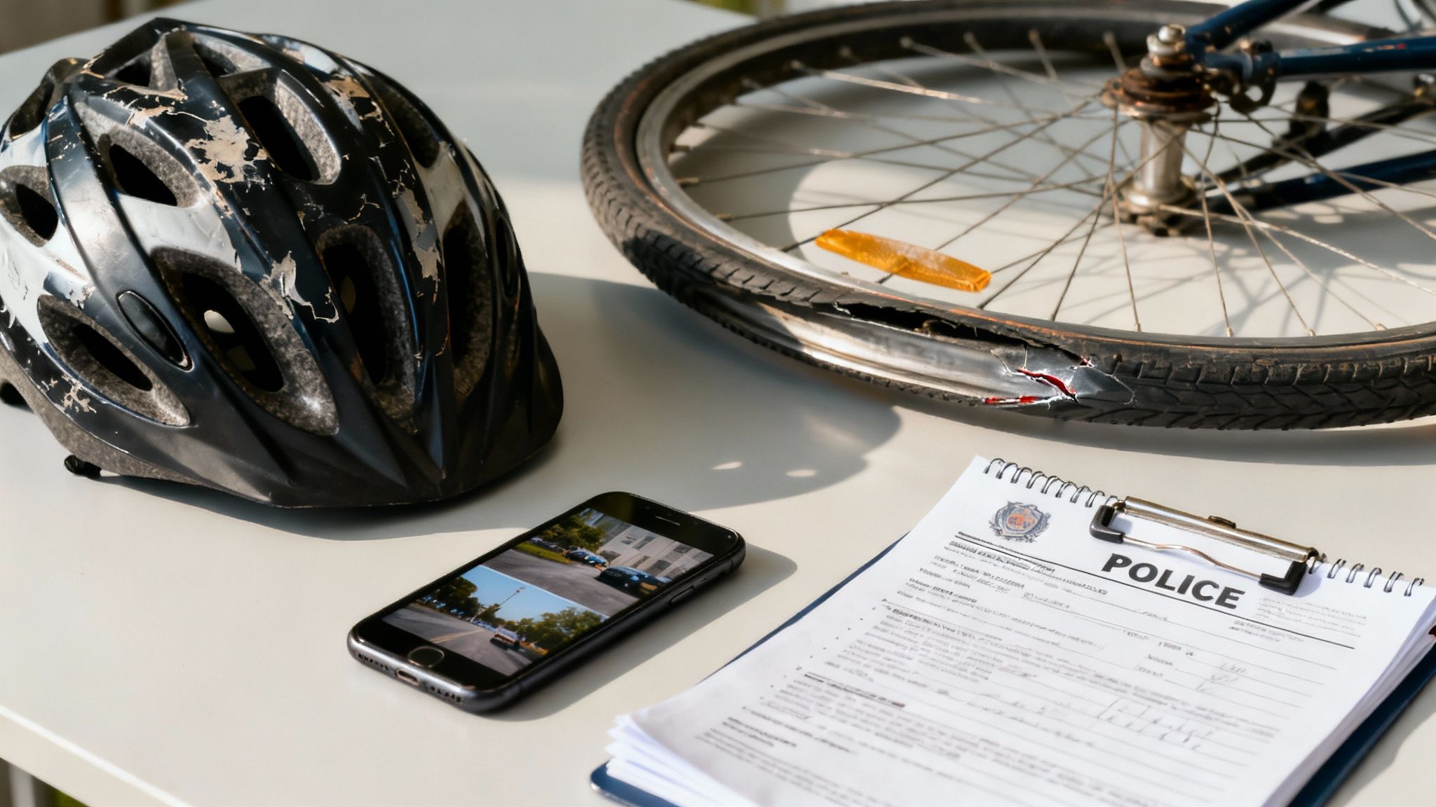 Damaged bicycle helmet, broken wheel, smartphone with accident photos, and a police report on a table.