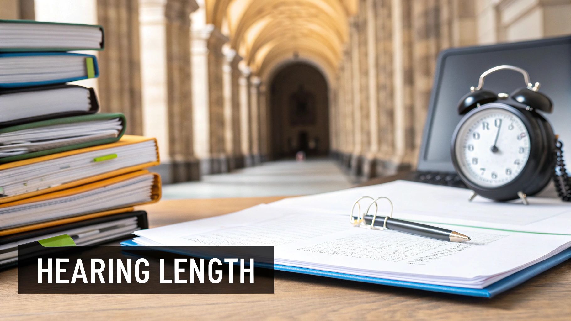 Study materials and a clock on a desk in a long, columned corridor, emphasizing time and legal proceedings.