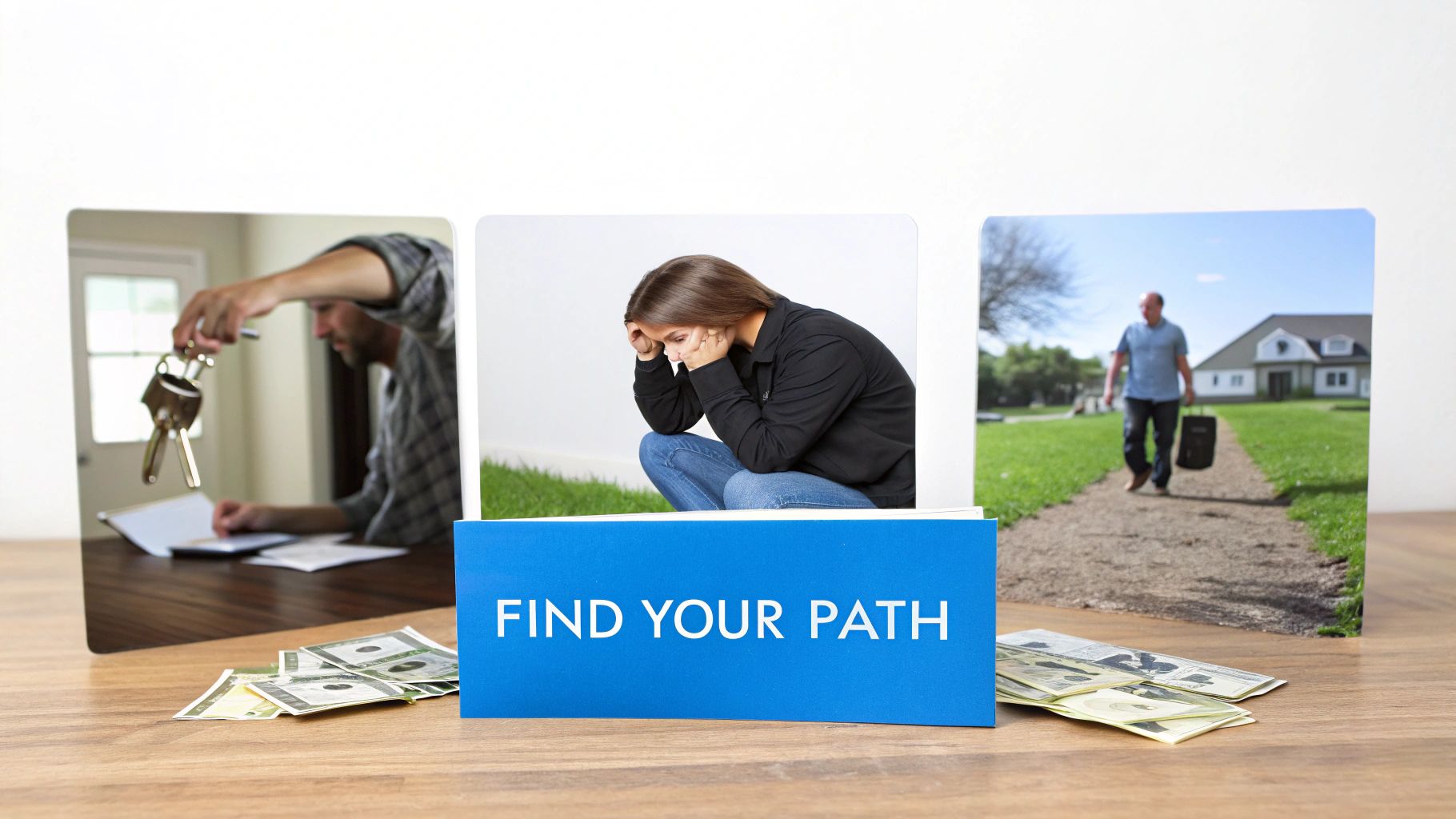 Three panels depict a man with keys, a distressed woman, and a man leaving a home, with a 'FIND YOUR PATH' sign and money.