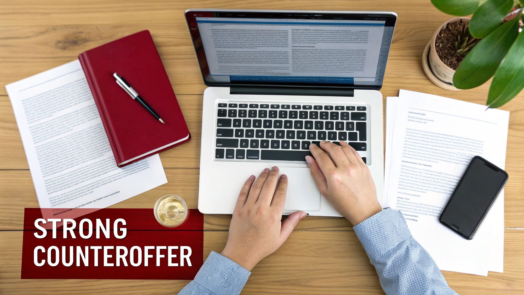 Hands typing on a laptop at a desk with documents, a red notebook, phone, and a drink, showing 'STRONG COUNTEROFFER'.