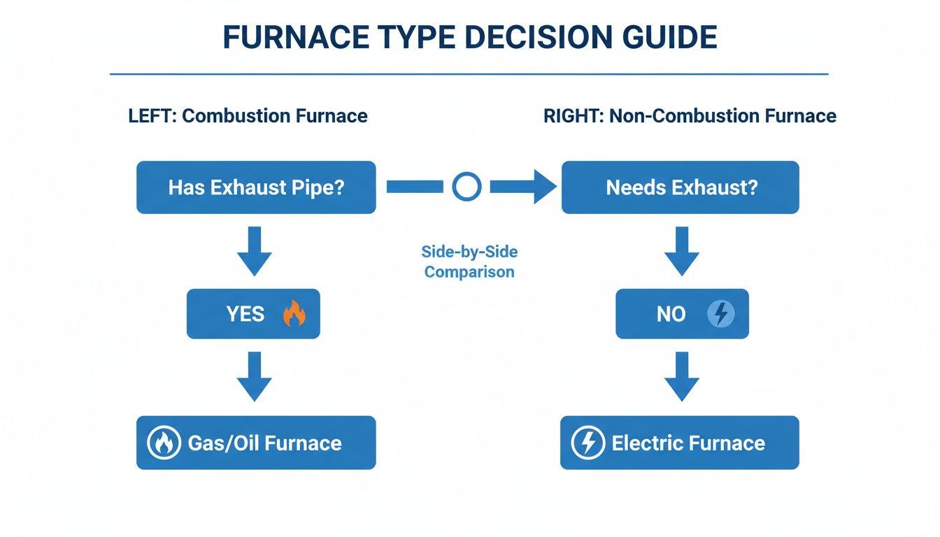A decision guide comparing combustion and non-combustion furnaces based on exhaust pipes.