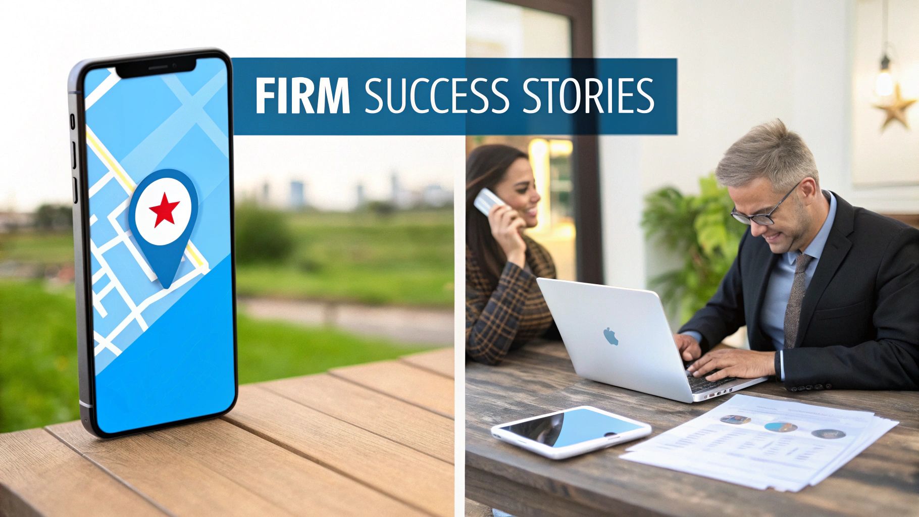 A smartphone with a map location pin, alongside business professionals working on laptops and phone, discussing success stories.