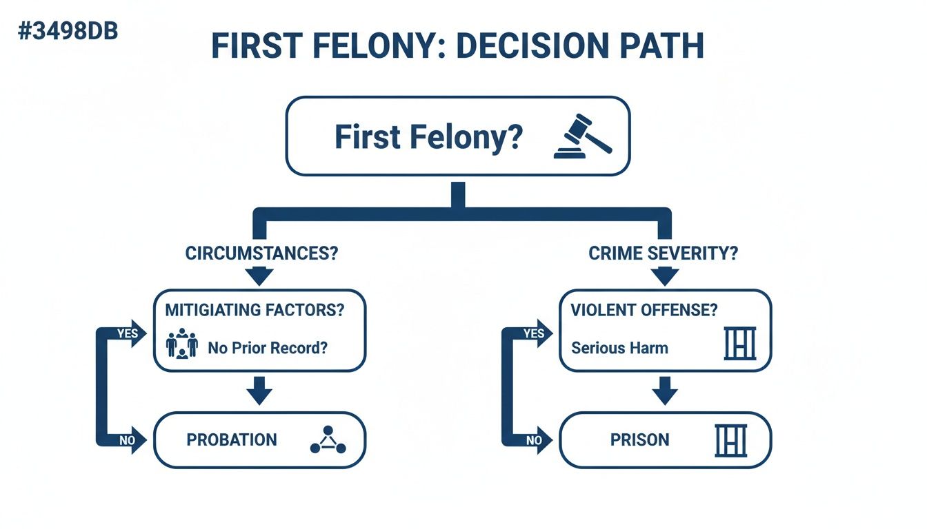 Flowchart illustrating the decision path for a first felony, considering circumstances and crime severity leading to probation or prison.
