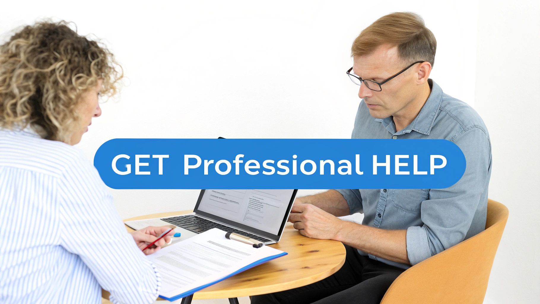 Two professionals discuss documents and a laptop, with a blue banner reading 'GET Professional HELP'.