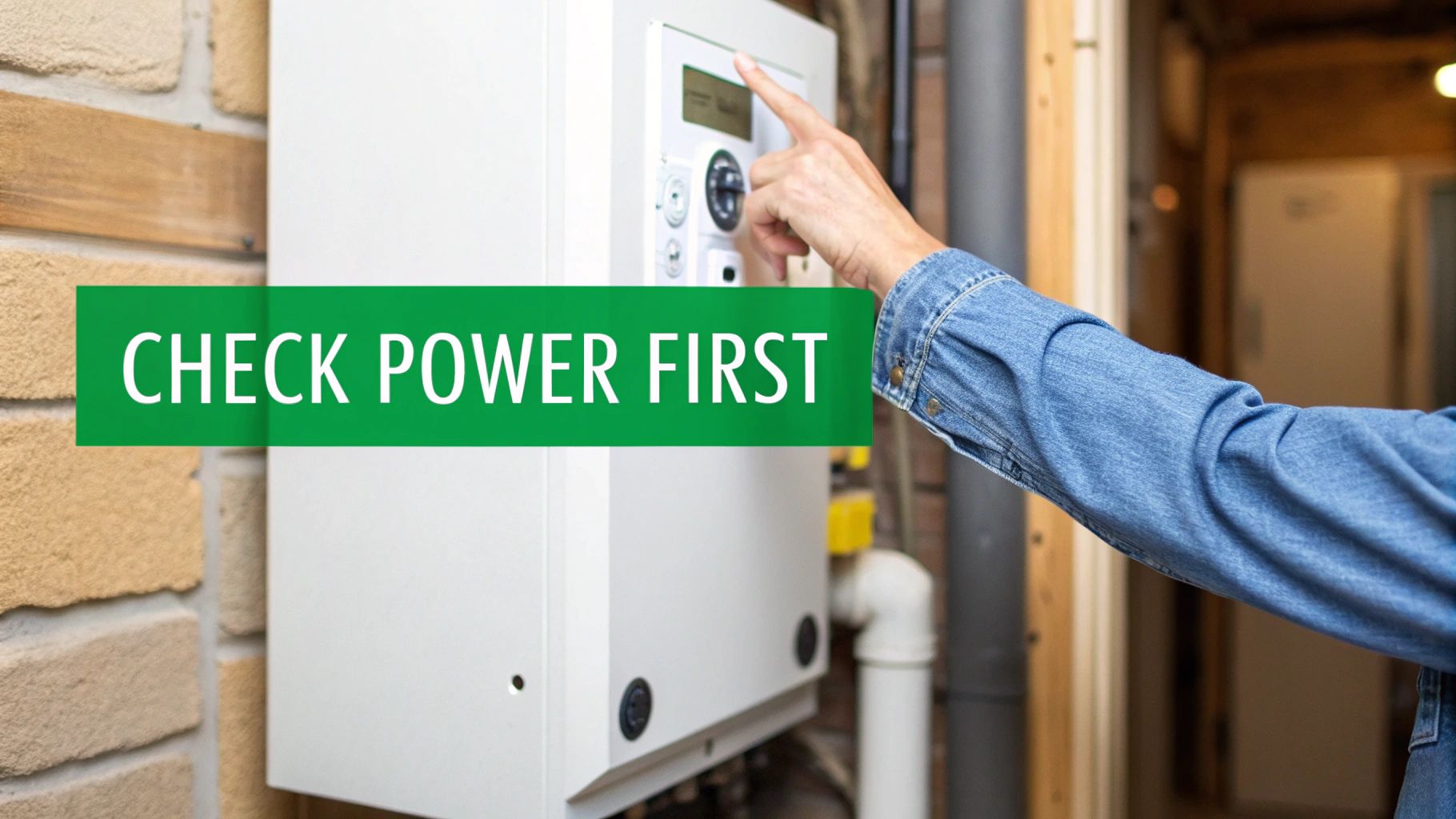 A person's hand points to the control panel of a white gas furnace with a 'CHECK POWER FIRST' overlay.