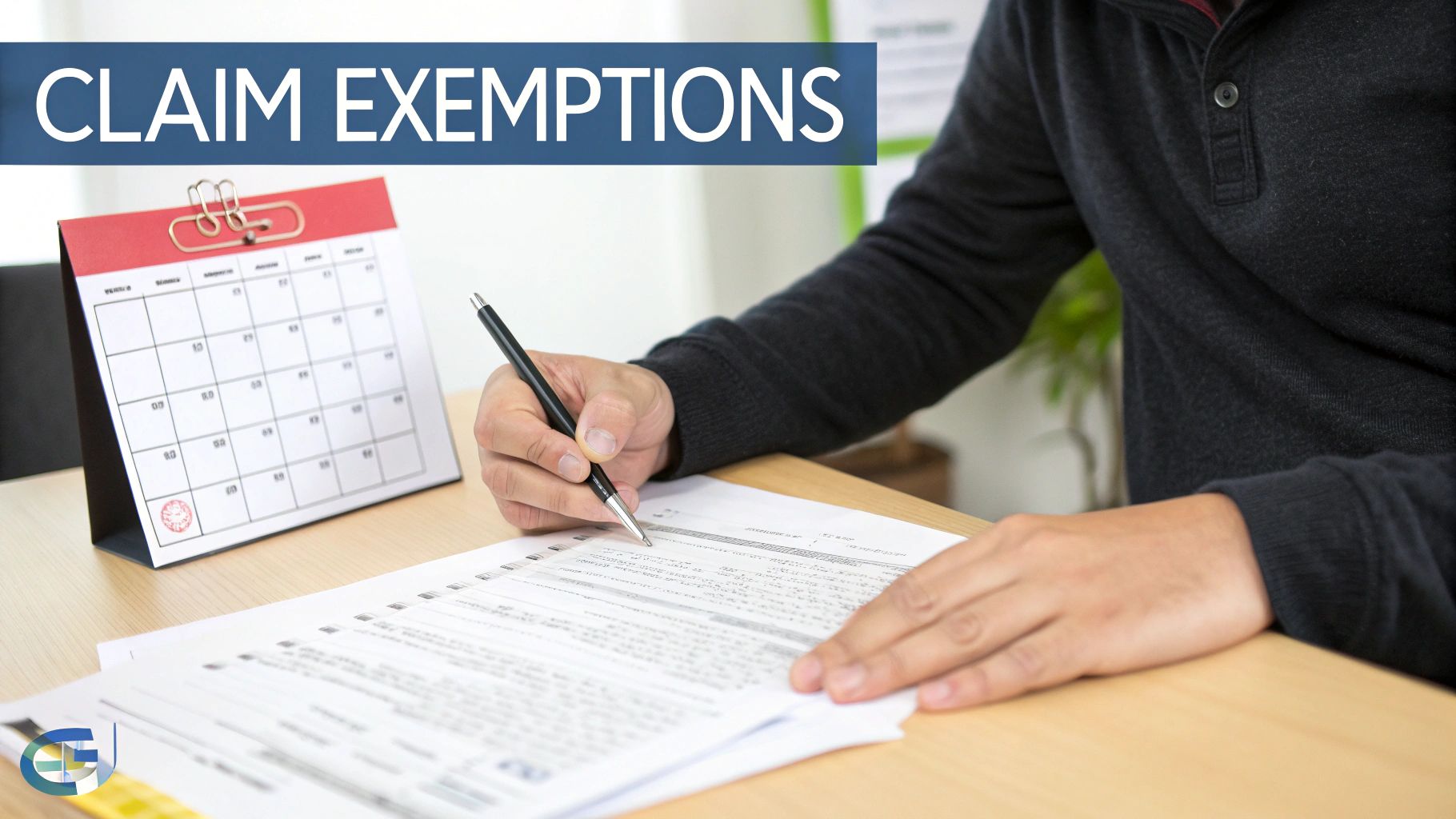 A person's hands filling out forms at a desk, with a calendar and 'CLAIM EXEMPTIONS' text.