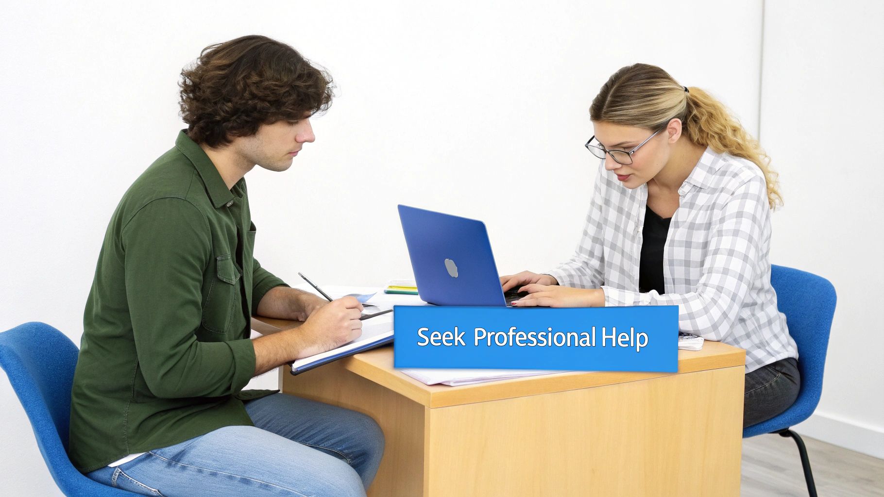 Two people at a desk, one writing and one typing on a laptop, with a 'Seek Professional Help' banner.