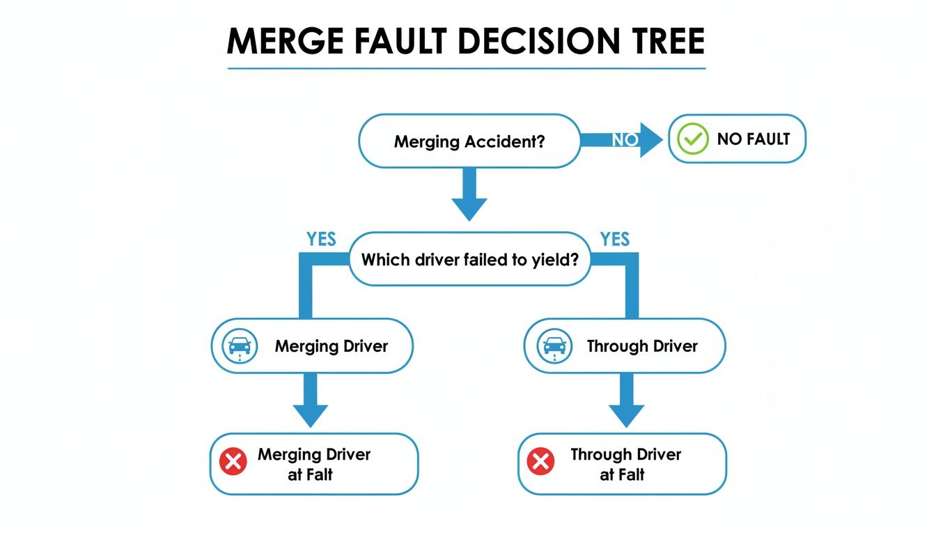 A decision tree flowchart illustrating how fault is determined in a car merging accident.