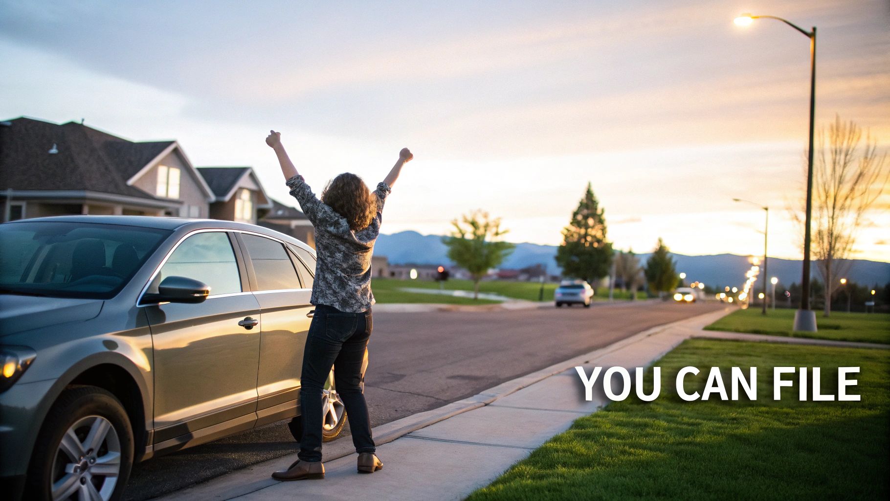 A person celebrates next to a car on a suburban street at sunset, with 'YOU CAN FILE' text.