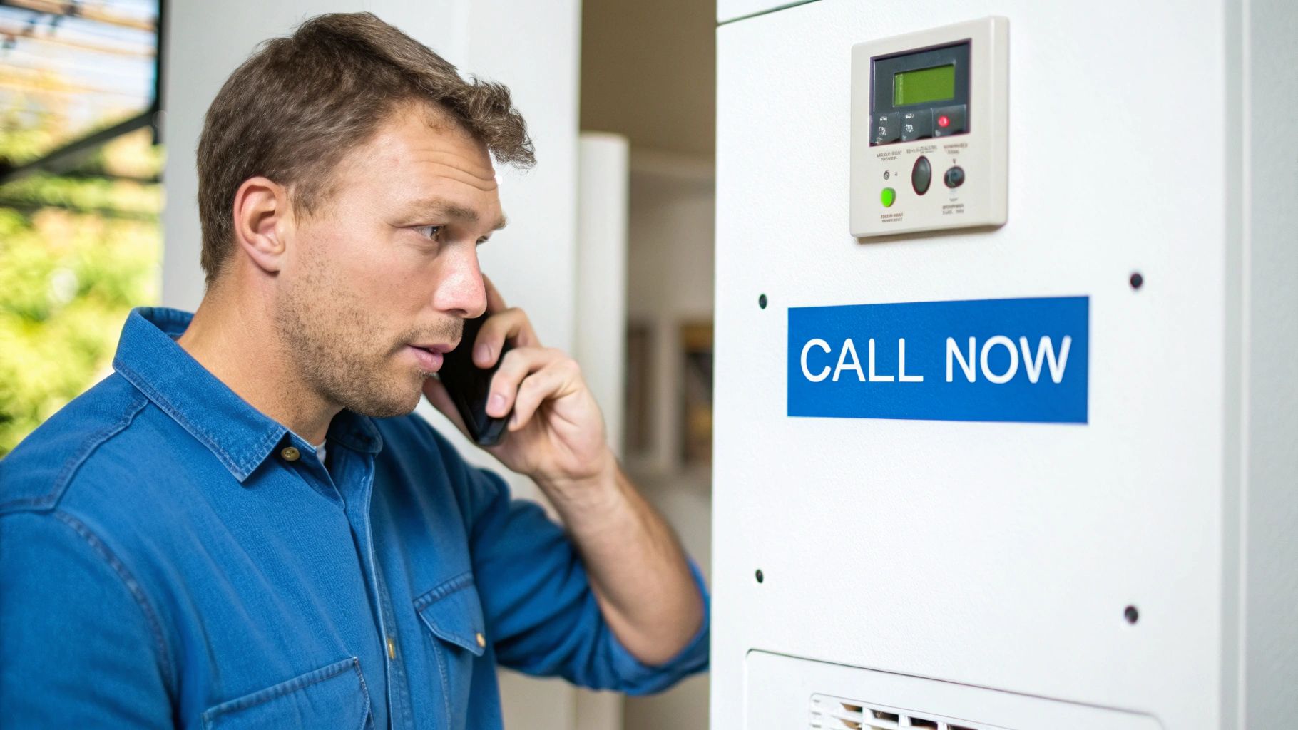Concerned man on phone next to a white control panel with a 'CALL NOW' sign.