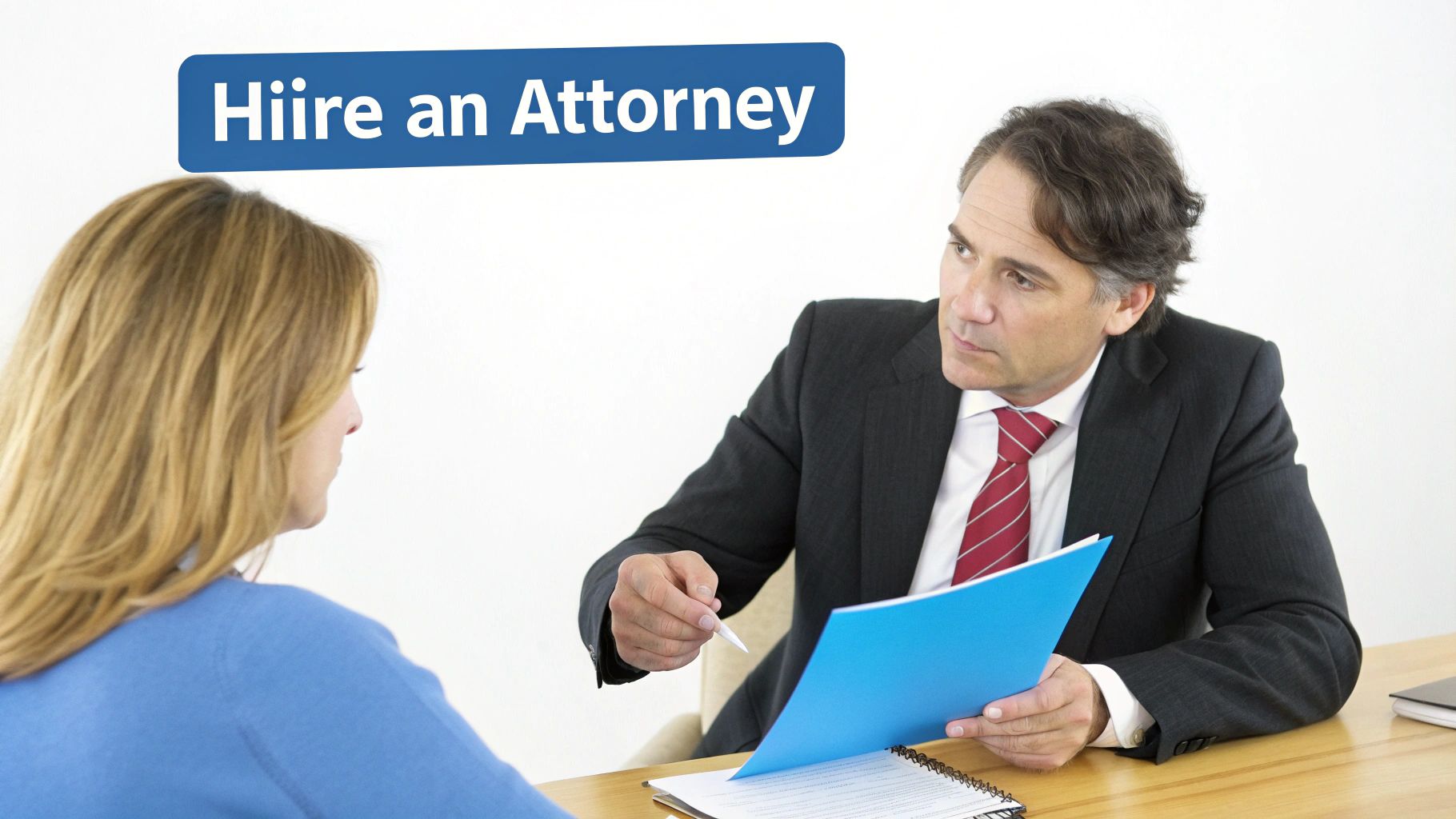 An attorney consults with a female client, discussing documents in an office setting.
