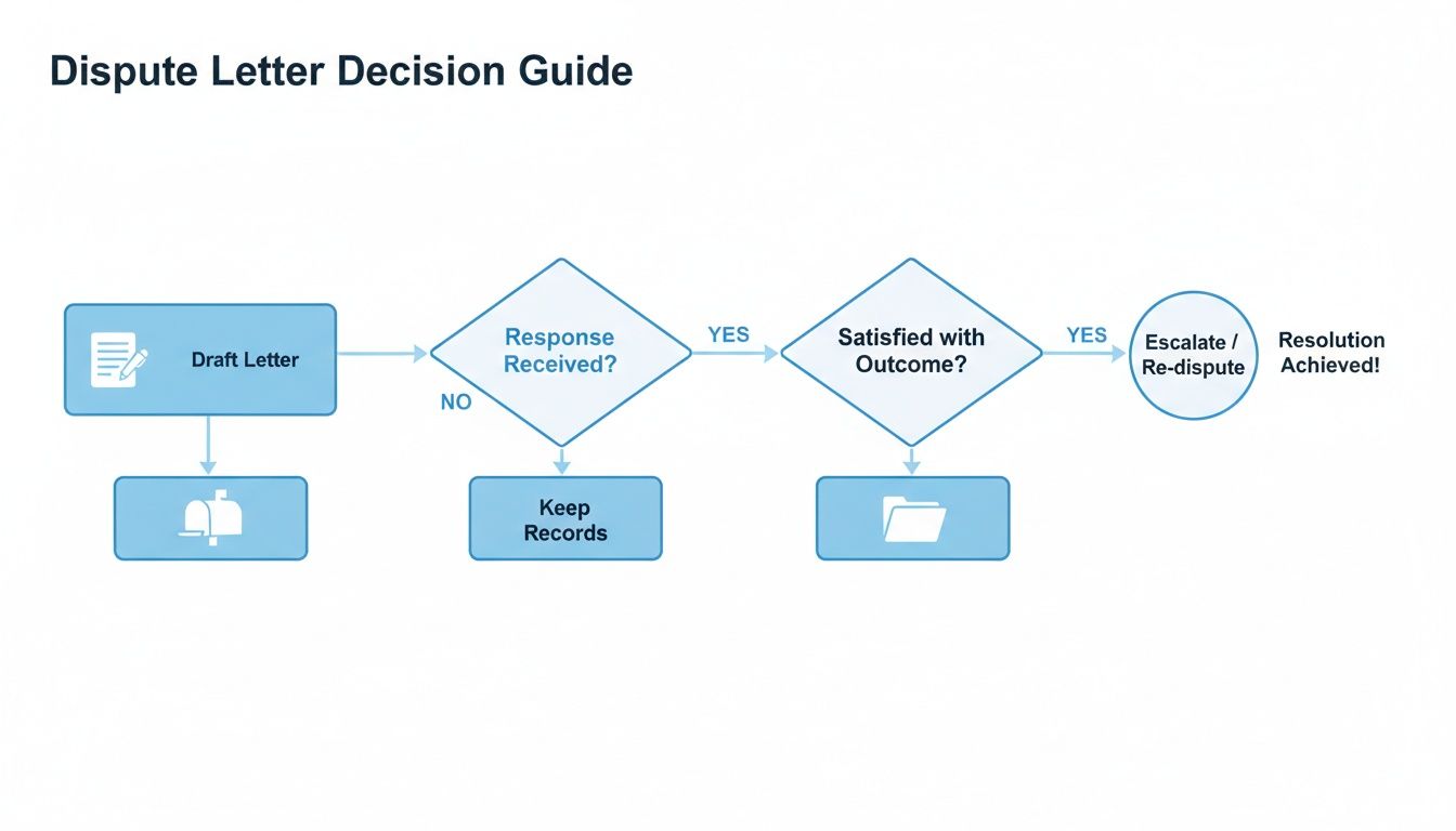 Flowchart diagram outlining the steps in a dispute letter decision guide, from drafting to resolution.