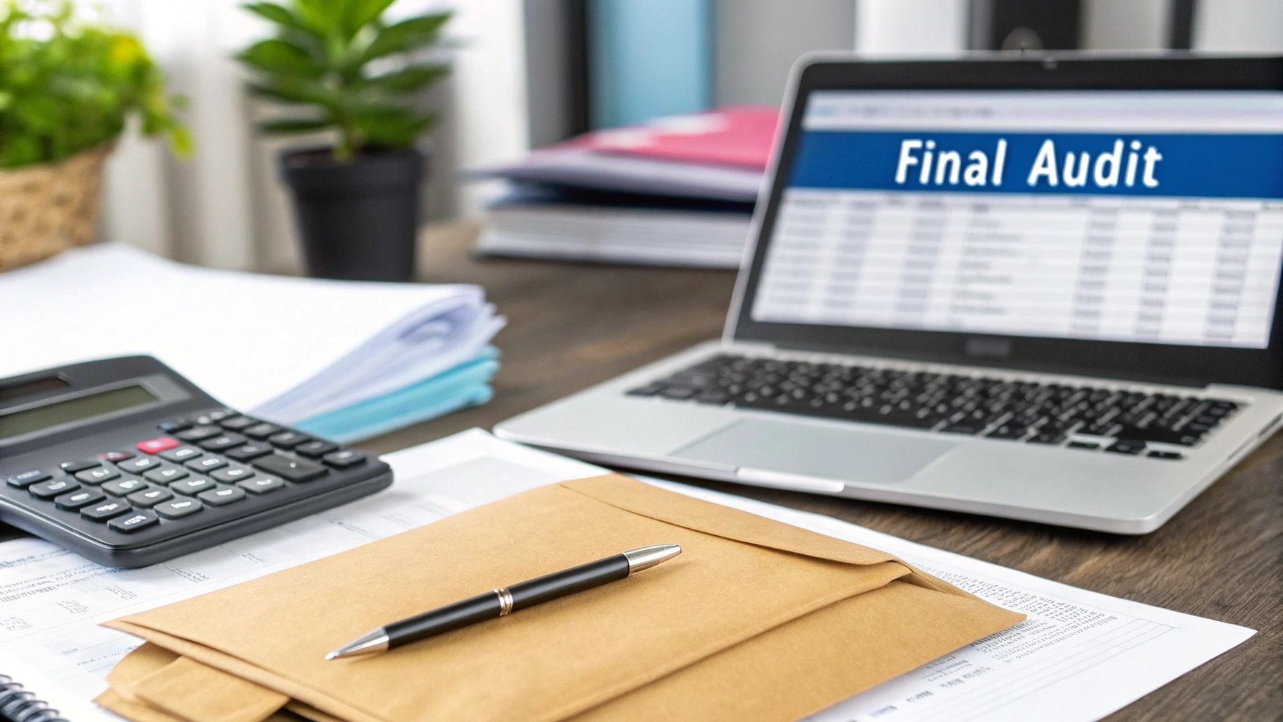 Office desk with a laptop displaying "Final Audit," calculator, pen on an envelope, and papers.