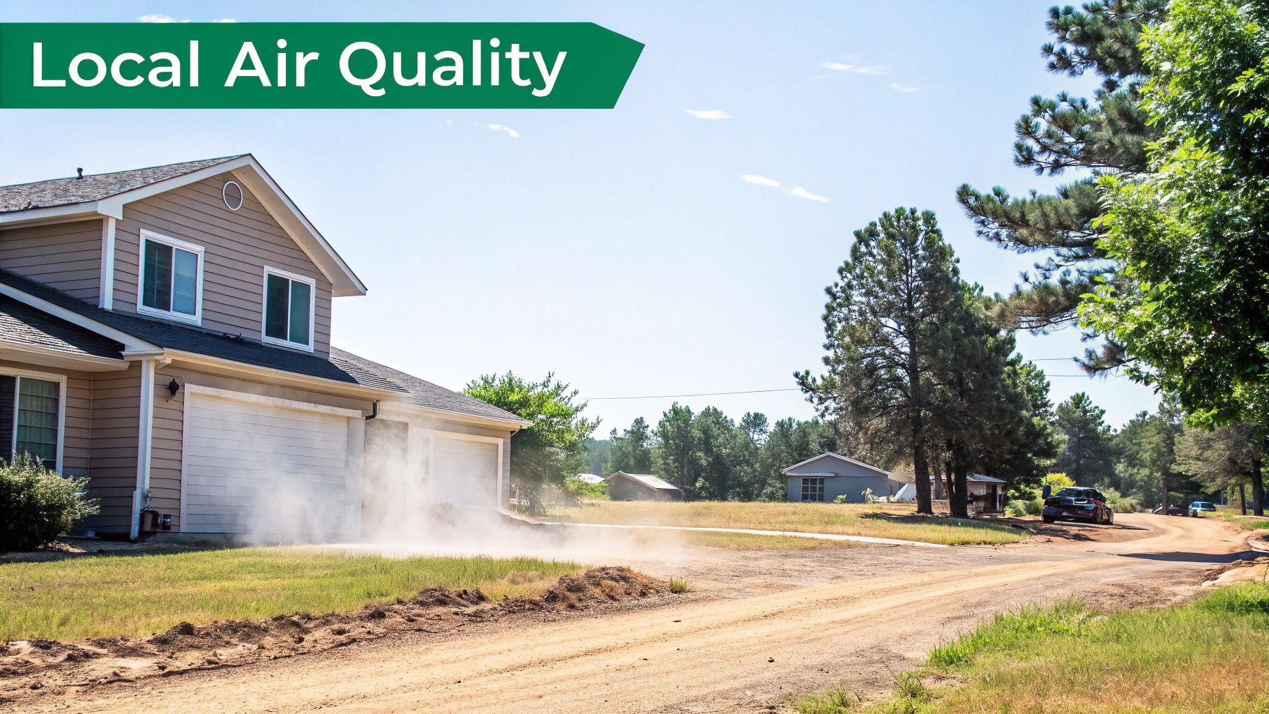 Dust billows from a home's garage and adjacent dirt, indicating local air quality concerns.